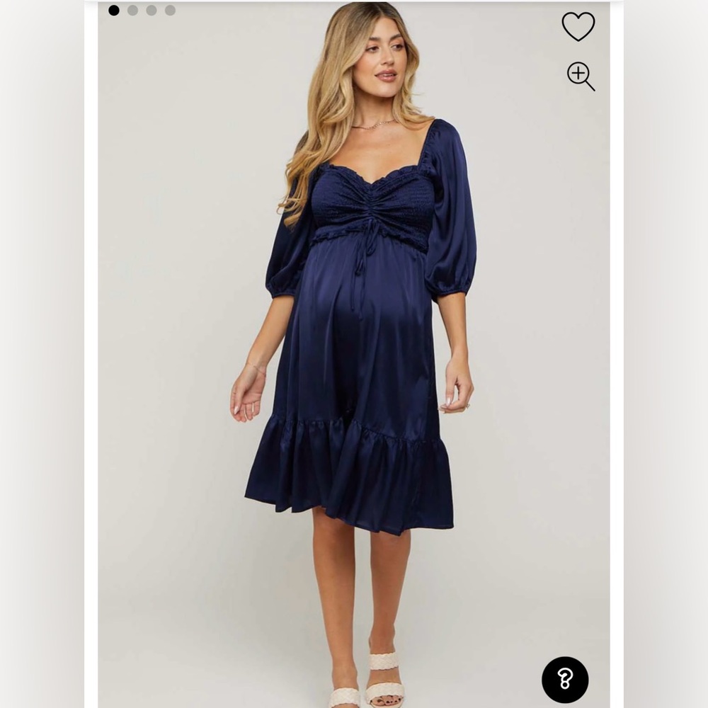 Navy Satin Smocked Ruffle Hem Maternity Dress